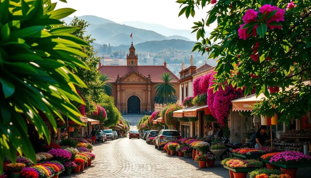 A vibrant cityscape of Xalapa, Mexico, where the streets are lined with a kaleidoscope of vibrant flowers. Lush tropical foliage frames the scene, casting soft shadows across the cobblestone paths. In the foreground, vendors sell an array of colorful blooms, their stalls overflowing with fragrant petals. The middle ground features the iconic Spanish colonial architecture, with ornate facades and terracotta roofs basking in the warm, golden sunlight. In the distance, the silhouettes of verdant hills and mountains create a serene backdrop, hinting at the city's rich cultural heritage. The overall atmosphere is one of enchantment, showcasing Xalapa's reputation as the "City of Flowers."