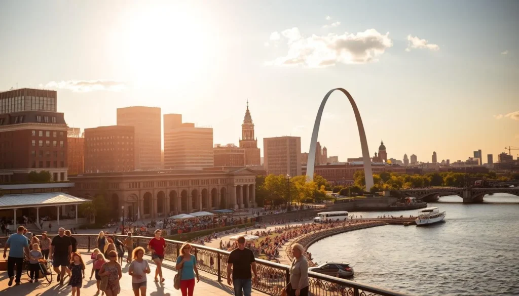 A vibrant cityscape of iconic landmarks in St. Louis, Missouri, under a warm, golden afternoon sun. In the foreground, families stroll along the banks of the Mississippi River, admiring the sweeping views of the majestic Gateway Arch. In the middle ground, the bustling Riverfront district showcases the historic Laclede's Landing, with its charming cobblestone streets and lively restaurants. In the background, the skyline is punctuated by the distinctive red-brick architecture of the Old Courthouse and other architectural gems, creating a picturesque and family-friendly scene.