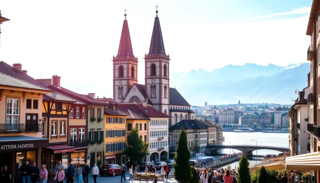 A vibrant cityscape showcasing Zurich's rich cultural heritage. In the foreground, a bustling street scene with people strolling by art galleries, quaint cafes, and historic buildings adorned with intricate facades. Sunlight filters through the scene, creating a warm, inviting atmosphere. In the middle ground, the iconic Grossmünster church towers majestically, its twin towers a symbol of Zurich's medieval roots. In the background, the glistening waters of the Limmat River and the snow-capped peaks of the Swiss Alps provide a stunning natural backdrop. The overall composition captures the perfect blend of urban sophistication and natural beauty that defines Zurich's vibrant art and cultural landscape.