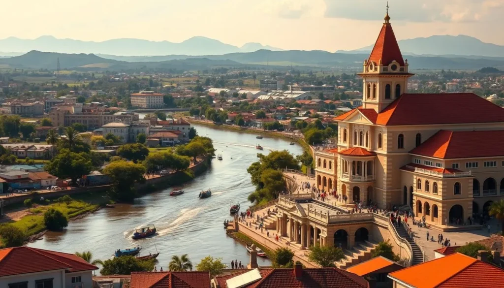 A vibrant cityscape showcasing the historical landmarks of Lokoja, Nigeria, on a picturesque sunny day. In the foreground, the iconic Lugard Hall stands tall, its colonial architecture and red-tiled roof commanding attention. In the middle ground, the flowing Niger River winds its way through the city, with traditional boats and bustling activity along its banks. In the background, the lush green hills and distant mountains create a serene and picturesque backdrop. The scene is bathed in warm, golden light, capturing the vibrant spirit and rich heritage of this Nigerian city.