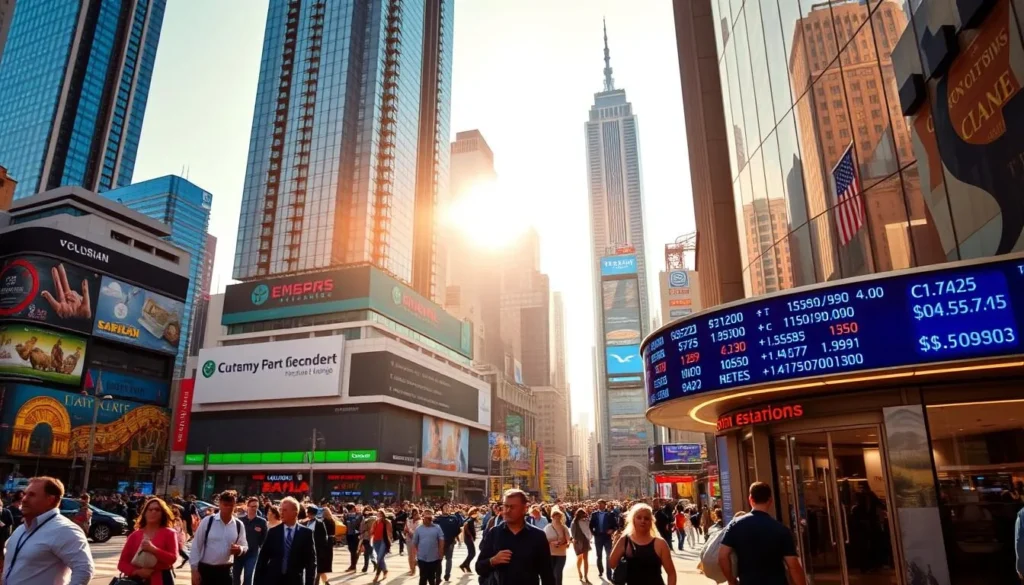 A vibrant cityscape with a bustling financial district, towering skyscrapers, and a prominent currency exchange office in the foreground. The scene is bathed in warm afternoon sunlight, casting long shadows across the bustling streets. In the middle ground, pedestrians hurry by, some carrying bags of local currency. In the background, a network of digital displays showcases ever-changing exchange rates, creating a sense of the global flow of finance. The overall atmosphere conveys the dynamic and interconnected nature of modern currency exchange.