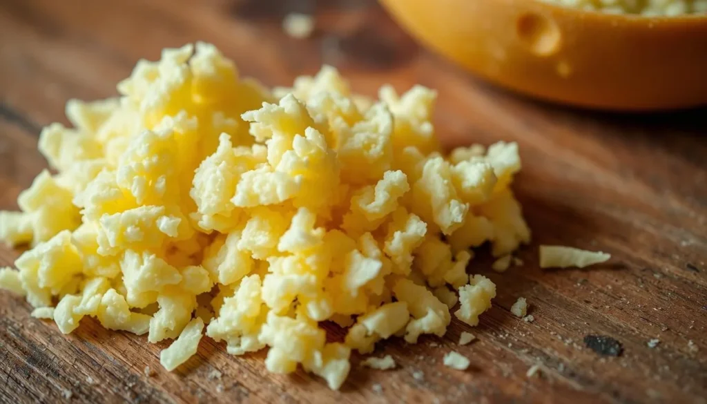 A vibrant close-up of a freshly prepared Chihuahuan cheese dish, resting on a rustic wooden surface. The soft, crumbly texture of the cheese is highlighted, its pale yellow hue contrasting beautifully with the warm, earthy tones of the background. Delicate shreds of the cheese are scattered artfully, as if freshly grated. Subtle shadows and highlights create depth and dimension, giving the scene a sense of natural, ambient lighting. The overall composition is simple yet elegant, capturing the essence of this beloved regional specialty in an appetizing and visually captivating way.