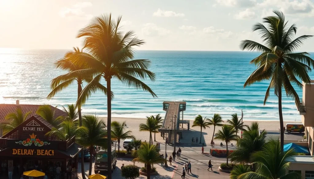 A vibrant coastal scene of Delray Beach, Florida - a charming seaside village nestled along the turquoise waters of the Atlantic Ocean. In the foreground, a bustling promenade lined with palm trees and lively cafes, people strolling and enjoying the warm, sun-dappled day. The middle ground features the iconic Delray Beach pier, its wooden planks extending out into the glistening sea. In the background, a panoramic view of the beach, with soft, white sand and rolling waves lapping at the shore. The lighting is natural and golden, casting a warm, inviting glow over the entire scene. Capture the essence of this picturesque "Village by the Sea" with a classic, coastal Florida aesthetic.