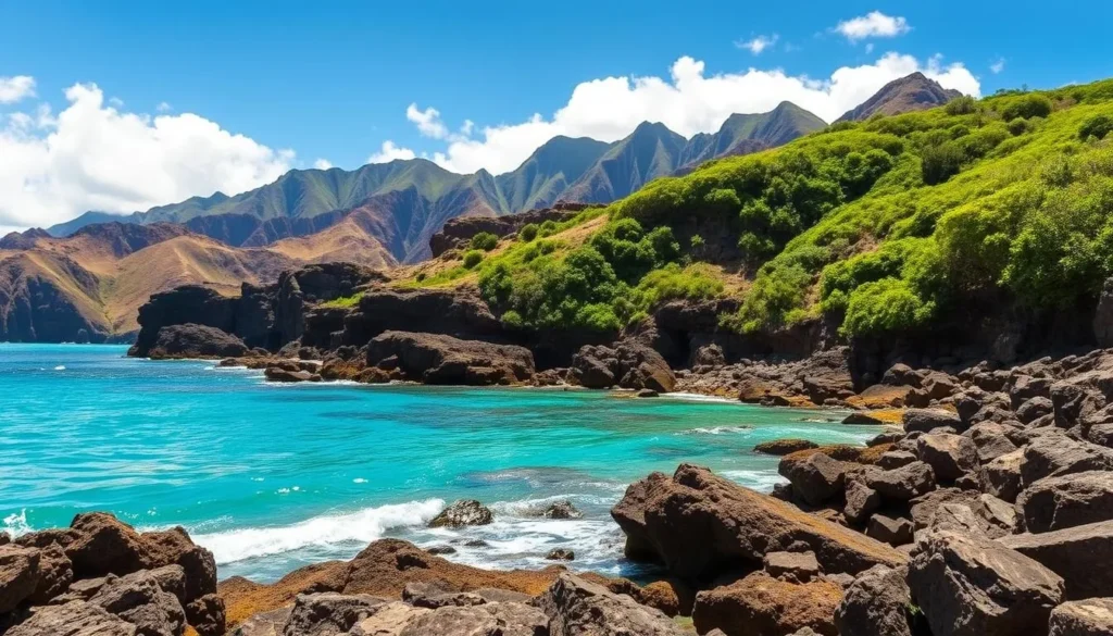 A vibrant coastal scene of Shark's Cove, Oahu, Hawaii, on a sunny day. In the foreground, crystal-clear turquoise waters lap against the rocky shoreline, inviting visitors to explore the diverse marine life. The middle ground features lush, verdant vegetation spilling down the surrounding cliffs, creating a natural, picturesque backdrop. In the distance, a majestic mountain range rises up, its peaks shrouded in wispy clouds. The lighting is soft and natural, casting a warm, golden glow over the entire scene. The angle captures a wide, panoramic view, highlighting the cove's stunning natural beauty and the array of nearby attractions and amenities for visitors to enjoy.