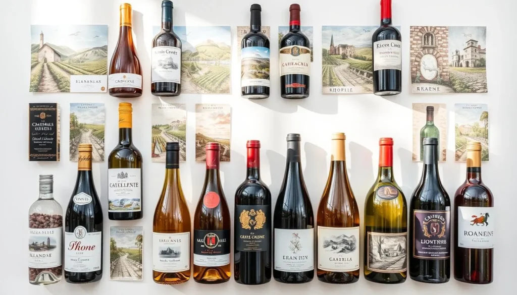 A vibrant collection of Rhône wine labels, each one a unique work of art showcasing the region's rich winemaking heritage. The labels feature intricate designs, bold typography, and captivating imagery that transport the viewer to the rolling vineyards and historic châteaux of the Rhône Valley. The labels are artfully arranged on a crisp, white background, bathed in soft, natural light that highlights the fine details and vibrant colors. The overall composition conveys the elegance and sophistication of the Rhône's celebrated wines, inviting the viewer to explore the diverse styles and terroirs that make this one of France's most renowned wine-producing regions.