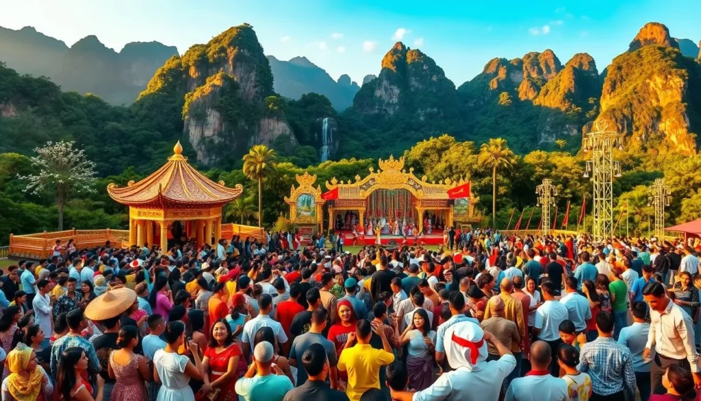 A vibrant, colorful festival unfolding in the serene landscape of Ba Bể National Park, Vietnam. In the foreground, a lively crowd gathers, adorned in traditional attire, celebrating with music, dance, and local cuisine. The middle ground features ornate pavilions and stages, where cultural performances captivate onlookers. In the background, the park's verdant forests and towering limestone cliffs provide a stunning natural backdrop, bathed in warm, golden sunlight. The scene exudes a sense of joyous community, cultural heritage, and the harmony between nature and human festivities.