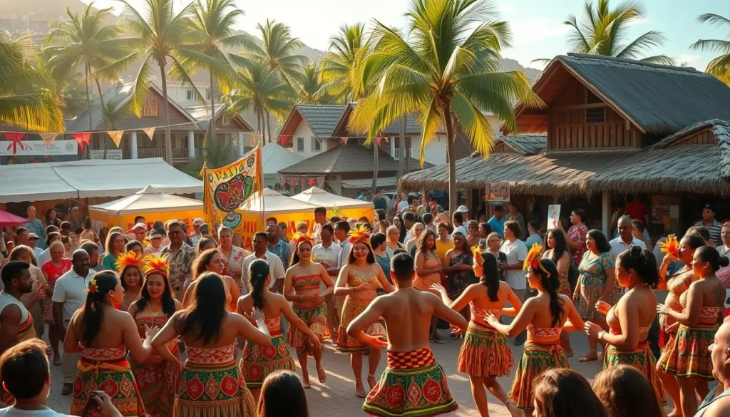 A vibrant crowd gathers in a lively Tongan town square, adorned with colorful traditional dress and lively decorations. In the foreground, a group of dancers performs an energetic Tongan dance, their movements graceful and rhythmic. The middle ground features vendors selling local crafts and delicacies, while the background showcases the unique architecture of Tonga, with thatched-roof buildings and palm trees swaying in the gentle breeze. The scene is bathed in warm, golden sunlight, creating a sense of warmth and celebration. The overall atmosphere conveys the joyous and festive spirit of Tonga's vibrant cultural celebrations.