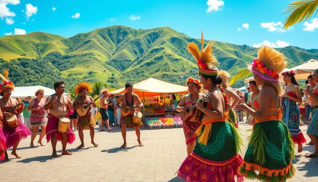 A vibrant cultural celebration in the picturesque Austral Islands, French Polynesia. In the foreground, local islanders dressed in traditional attire perform a lively dance, their colorful costumes and headdresses swaying to the rhythm of drums and ukuleles. The middle ground features an open-air market, where vendors offer a tantalizing array of handcrafted goods, fresh produce, and fragrant tropical flowers. In the background, lush green hills and azure skies create a serene and inviting backdrop, capturing the essence of the Austral Islands' natural beauty. Warm, golden sunlight illuminates the scene, infusing it with a joyous and celebratory atmosphere.