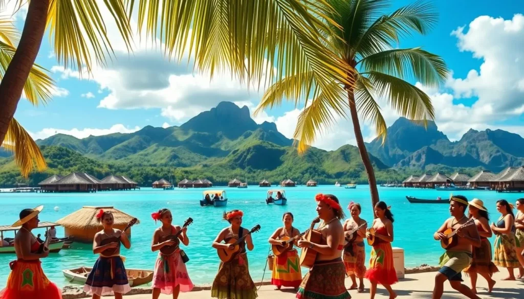 A vibrant cultural experience in Bora Bora, French Polynesia. In the foreground, a group of local performers in traditional costumes dance gracefully to the rhythm of drums and ukuleles. The middle ground showcases colorful thatched-roof huts and canoes dotting the crystal-clear turquoise lagoon. In the background, lush green hills and towering volcanic peaks rise majestically, creating a picturesque tropical backdrop. Warm, natural sunlight filters through the palm trees, casting a warm, golden glow over the entire scene. The atmosphere exudes a sense of joyful celebration and immersion in the unique Polynesian heritage.