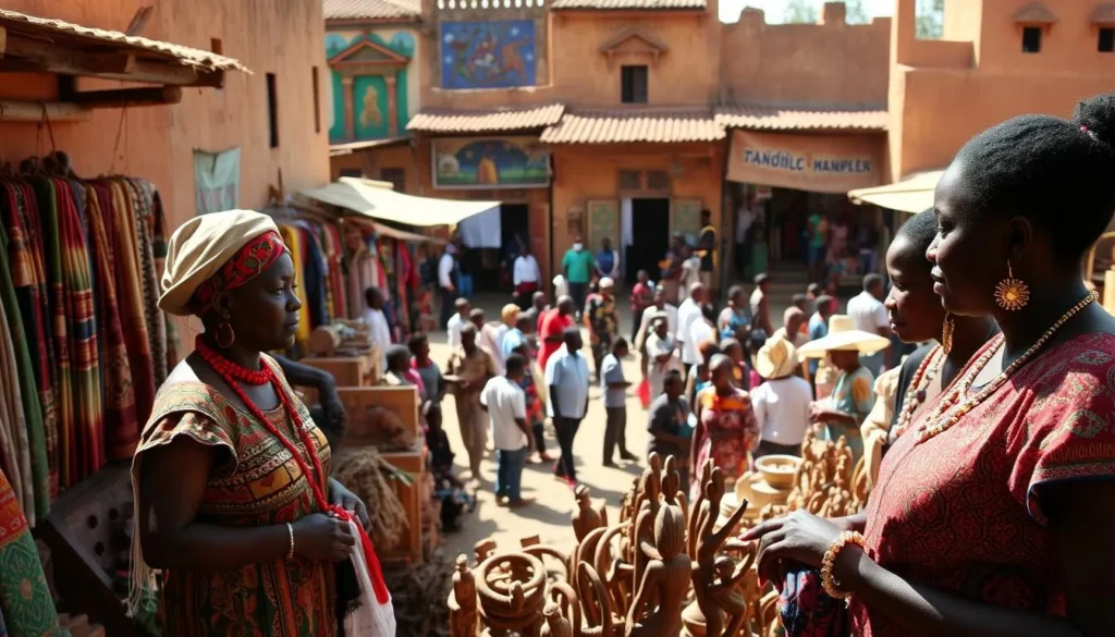 A vibrant cultural experience in Huambo, Angola. In the foreground, a group of local artisans showcase their intricate handcrafted wares, from vibrant textiles to intricately carved wooden figures. In the middle ground, a lively marketplace bustles with activity, as vendors peddle their diverse array of goods. The background is dominated by the warm, earthy tones of traditional mud-brick buildings, their facades adorned with vibrant murals and ornate architectural details. Soft, natural lighting filters through the scene, creating a serene and inviting atmosphere. The overall impression is one of a thriving, authentic cultural experience, showcasing the rich heritage and creativity of the Huambo region.