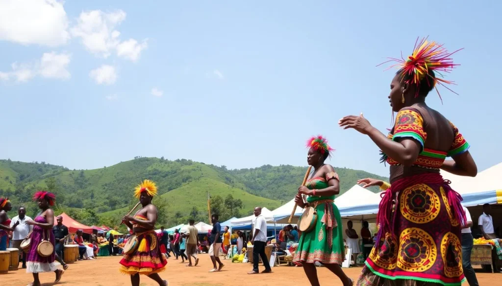 A vibrant cultural festival in Bunia, Democratic Republic of the Congo, on a sunny day. In the foreground, performers in colorful traditional costumes dance to the rhythmic beats of drums and local instruments. The middle ground features a bustling marketplace, with vendors selling handcrafted goods, local produce, and delicious street food. In the background, lush green hills and a clear blue sky set the scene for this celebration of Bunia's rich heritage. Soft natural lighting illuminates the joyful atmosphere, inviting visitors to immerse themselves in the sights, sounds, and flavors of this captivating cultural event.
