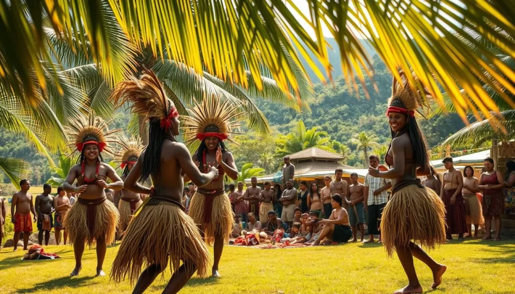 A vibrant cultural festival in Vanuatu, with joyful dancers adorned in traditional grass skirts and headdresses performing intricate ceremonial dances on a sun-dappled village green. In the middle ground, local artisans showcase their handcrafted wares, from intricate wood carvings to vibrant textiles. A lush tropical backdrop of swaying palms and verdant hills frames the scene, creating a sense of immersion in the rich heritage of this Pacific island nation. Warm, golden lighting filters through the leaves, lending a celebratory atmosphere to the festivities. The overall impression is one of vibrant cultural vitality and community celebration.