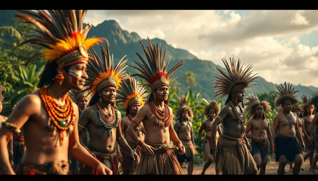 A vibrant cultural festival in the heart of Papua New Guinea, with a tapestry of traditional dress, intricate body art, and lively tribal dances. In the foreground, a group of performers adorned in colorful feathered headdresses and vibrant face paint move in sync to the rhythm of drums and chants. The middle ground showcases elaborate costumes, some with intricate beadwork and woven textiles. In the background, a lush tropical landscape with towering mountains and verdant foliage sets the stage for this captivating celebration of indigenous heritage. Warm, natural lighting casts a golden glow, evoking a sense of timelessness and cultural richness. Shot with a wide-angle lens to capture the vibrant energy and expansive setting of this quintessential Papua New Guinean cultural festival.