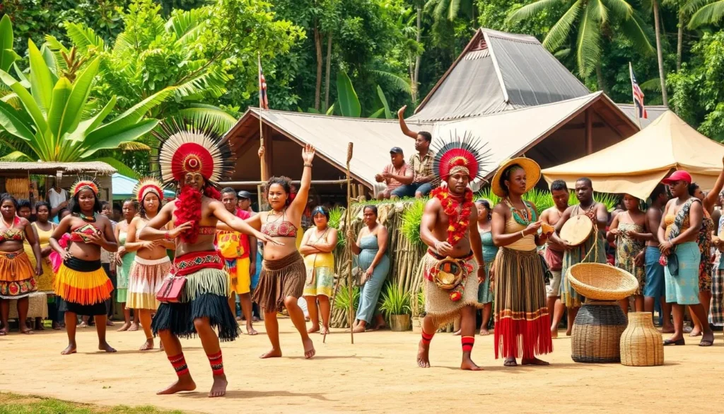 A vibrant cultural festival in the heart of Vanuatu, showcasing the island nation's rich heritage. In the foreground, a lively dance troupe performs traditional moves, adorned in colorful costumes and headdresses. In the middle ground, artisans display their intricate wood carvings, woven baskets, and other handcrafted treasures. The background features a backdrop of lush, verdant foliage and structures that evoke the unique architectural style of Vanuatu. Warm, natural lighting bathes the scene, capturing the festive atmosphere and the pride of the local community. A sense of celebration and cultural vibrancy fills the air, inviting visitors to immerse themselves in the captivating traditions of this Pacific island nation.