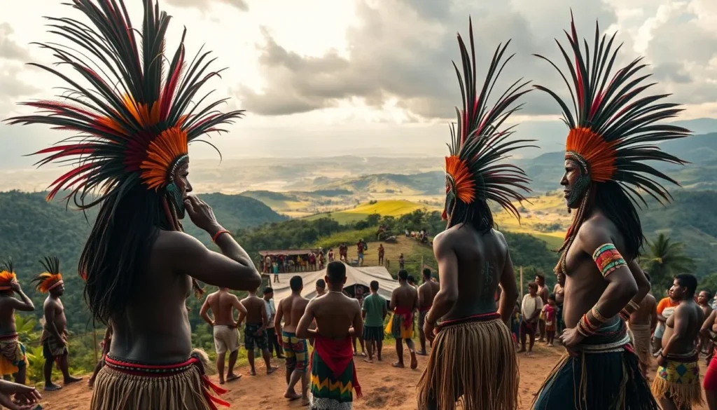 A vibrant cultural festival in the lush highlands of Papua New Guinea. In the foreground, a group of tribal dancers adorned in colorful feathered headdresses and intricate body paint perform a traditional ritual. In the middle ground, locals gather around a central stage, watching intently as the festivities unfold. The background features a panoramic view of the verdant, rolling hills and distant mountains, bathed in warm, golden sunlight. The atmosphere is one of celebration, community, and deep-rooted tradition. Capture this scene with a cinematic, wide-angle lens, highlighting the grand scale and immersive experience of the event.