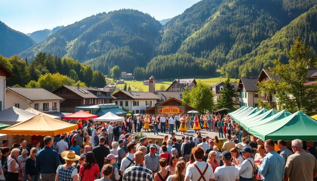 A vibrant cultural festival in the picturesque Diemtigtal valley of Switzerland. A crowd of locals and visitors gathers in a scenic town square, dressed in traditional folk attire. Colorful tents and stalls surround a central stage where musicians play lively folk tunes. In the background, the lush green slopes of the Bernese Alps rise up, creating a stunning natural backdrop. Warm afternoon sunlight filters through the trees, casting a golden glow over the festive scene. The air is filled with the aroma of local cuisine and the laughter of people immersed in the rich traditions of this alpine community.