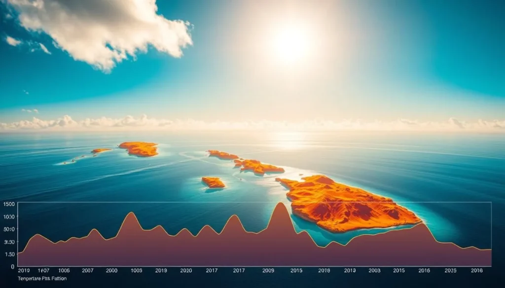 A vibrant, data-driven visualization of temperature patterns across the Northern Mariana Islands, showcasing the seasonal fluctuations in a captivating yet informative manner. Depict a serene, cloudless sky with the warm, golden glow of a midday sun casting a soft, diffused light over the tropical archipelago. Render the land masses as detailed topographical maps, with color gradients representing the varying temperature ranges throughout the year. Overlay this with a dynamic, animated data visualization that elegantly displays the temperature patterns, utilizing smooth transitions and intuitive visual cues to convey the information effectively. Capture the essence of a weather-savvy trip, where the audience can easily grasp the optimal months to visit the Northern Mariana Islands.