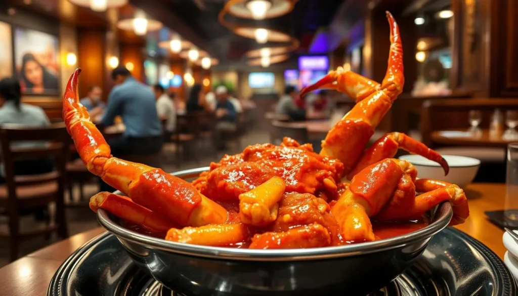 A vibrant dish of chilli crab, simmering in a rich, spicy sauce, set against the backdrop of a bustling Singaporean seafood restaurant. Whole, meaty crab legs protrude from the sauce, glistening under the warm, soft lighting. The sauce is a deep, reddish-orange hue, infused with the aromatic blend of chili peppers, garlic, and soy. The crab is expertly prepared, the tender meat easily pulling away from the shell. The scene is framed by the elegant, wooden furnishings and lively atmosphere of the establishment, hinting at the authentic Chinese seafood experience awaiting the diner.