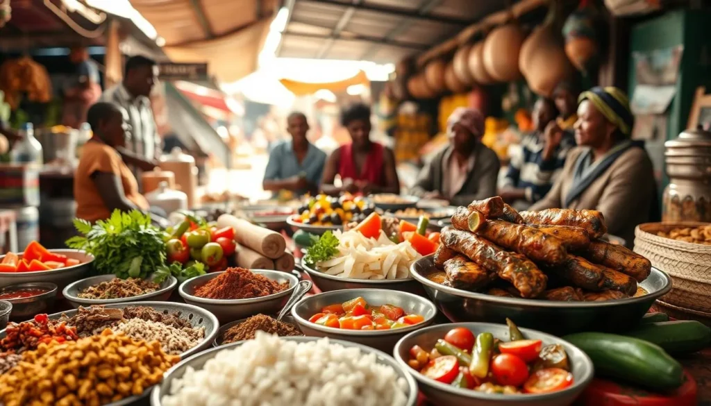 A vibrant display of Djibouti's diverse culinary heritage. In the foreground, a table laden with fragrant spices, colorful vegetables, and sizzling meats, inviting the senses. In the middle ground, a group of locals enjoying a lively mealtime, sharing stories and laughter. The background showcases the bustling market, with vendors offering an array of fresh produce and traditional cooking implements. Warm, natural lighting bathes the scene, creating a cozy and inviting atmosphere. The image captures the rich cultural tapestry of Djibouti, where flavors from Africa, the Middle East, and the Indian Ocean converge to delight the palate.