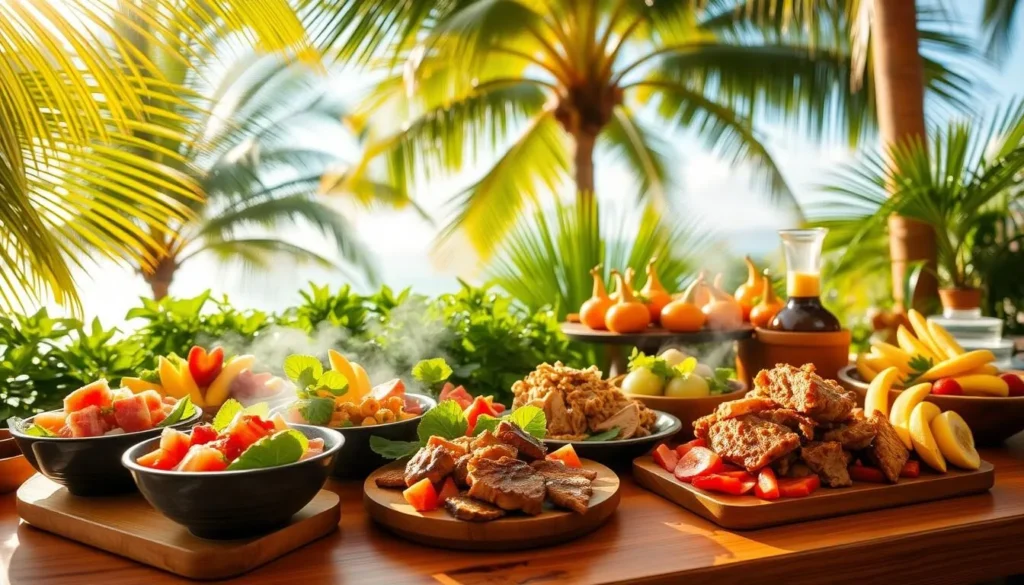 A vibrant display of Hawaiian cuisine, set against a sun-drenched backdrop. In the foreground, a wooden table laden with a feast of local delicacies - fresh poke bowls with glistening ahi tuna, steaming plates of tender kalua pork, and fragrant, colorful tropical fruits. The middle ground features lush, verdant foliage, hinting at the verdant landscapes of the Hawaiian islands. In the background, a warm, golden light filters through swaying palm fronds, casting a tranquil, island-inspired ambiance. Captured with a wide-angle lens to showcase the abundance and variety of this mouthwatering spread, the image exudes the vibrant, laid-back spirit of Hawaiian foodie culture.