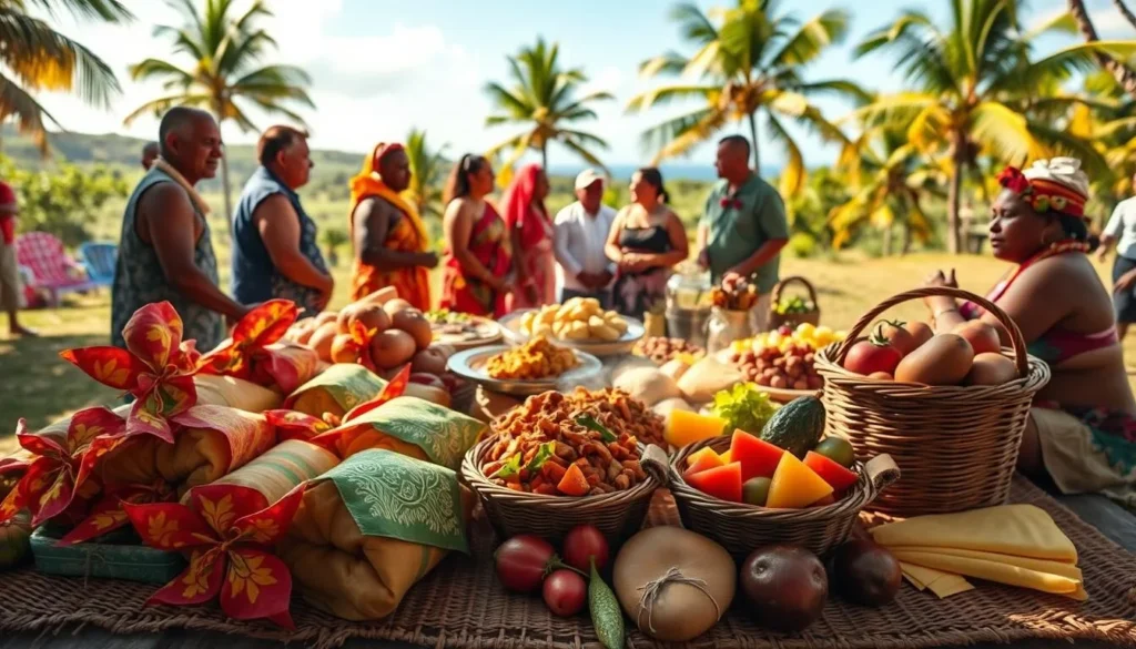 A vibrant display of Tongan festival food fills the frame, bathed in warm, natural lighting. In the foreground, a colorful array of tapa cloth-wrapped parcels, steaming umu baskets, and aromatic fruit platters sit upon a woven mat. In the middle ground, a group of Tongan islanders in traditional dress gather around a communal feast, conversing animatedly. The background reveals a lush, tropical landscape, with swaying palm trees and a clear, azure sky. The scene exudes a sense of celebration, community, and the rich culinary traditions of Tonga.