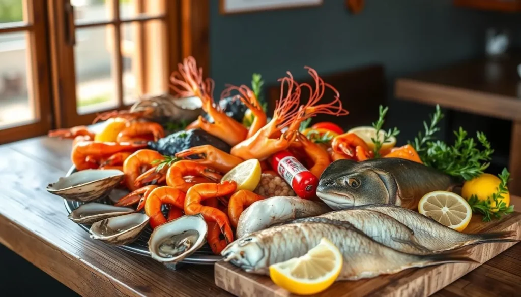 A vibrant display of local seafood on a rustic wooden table, bathed in warm natural light from a nearby window. Glistening fresh oysters, plump prawns, and delicate fillets of snapper and barramundi, arranged artfully alongside lemon wedges and sprigs of fragrant herbs. The scene evokes the bountiful waters of the Coral Coast, Western Australia, inviting the viewer to indulge in the region's renowned culinary delights. The overall composition captures the essence of a casual yet sophisticated coastal dining experience, perfectly complementing the "Best Things to Do for Foodies" section of the article.