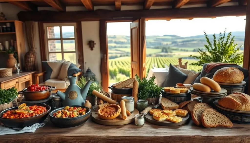 A vibrant display of traditional Grand Est cuisine set against the backdrop of a charming French countryside scene. In the foreground, a rustic wooden table is laden with an array of regional specialties - steaming bowls of hearty Alsatian choucroute, platters of savory quiches and pâtés, and fragrant loaves of pain de campagne. Overhead, soft natural light filters through the windows, casting a warm glow across the scene. In the middle ground, glimpses of lush vineyards and rolling hills can be seen through the open doorway, hinting at the pastoral beauty of the Grand Est region. The overall mood is one of inviting comfort and artisanal craftsmanship, capturing the essence of the unique gastronomy that defines this corner of France.