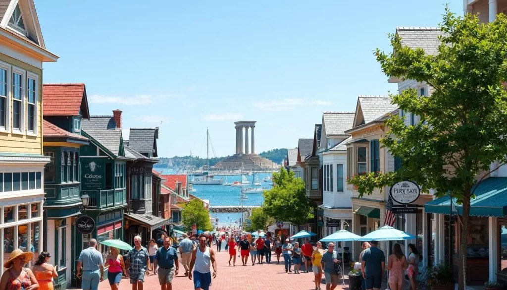 A vibrant downtown scene in Put-in-Bay, Ohio, on a sunny summer day. The quaint Victorian-style buildings line the streets, with their colorful facades and charming architecture. People stroll along the sidewalks, browsing local shops and restaurants. In the distance, the iconic Perry's Victory and International Peace Memorial rises, its imposing columns and grand structure a testament to the island's history. Sailboats dot the azure waters of the harbor, and the sound of laughter and music fills the air, creating a lively and welcoming atmosphere. The scene is captured through a wide-angle lens, showcasing the bustling activity and the natural beauty that surrounds the downtown area.