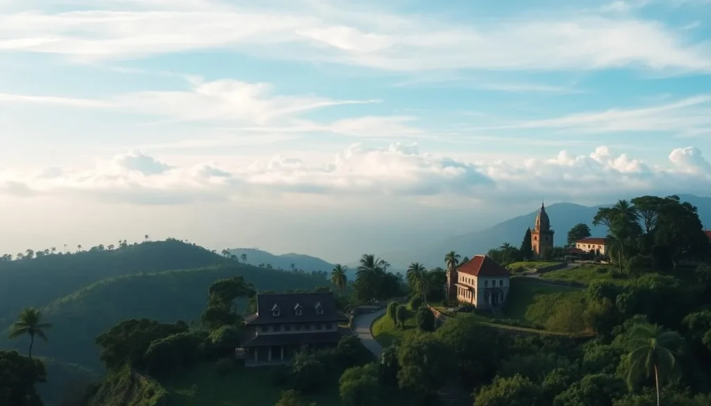 A vibrant, ethereal scene of Bokor Hill Station, Cambodia, bathed in the soft, diffused light of a picturesque day. Wispy, cumulus clouds drift gently across the sky, casting delicate shadows upon the lush, verdant landscape below. The historic colonial buildings, with their distinct architectural features, stand in serene harmony, nestled amidst the rolling hills. The atmosphere is one of tranquility and timelessness, inviting the viewer to immerse themselves in the beauty of this unique, highland destination. Capture the essence of the "Best Time to Visit Bokor Hill Station" with a cinematic, high-resolution image that showcases the captivating natural splendor of this enchanting location.