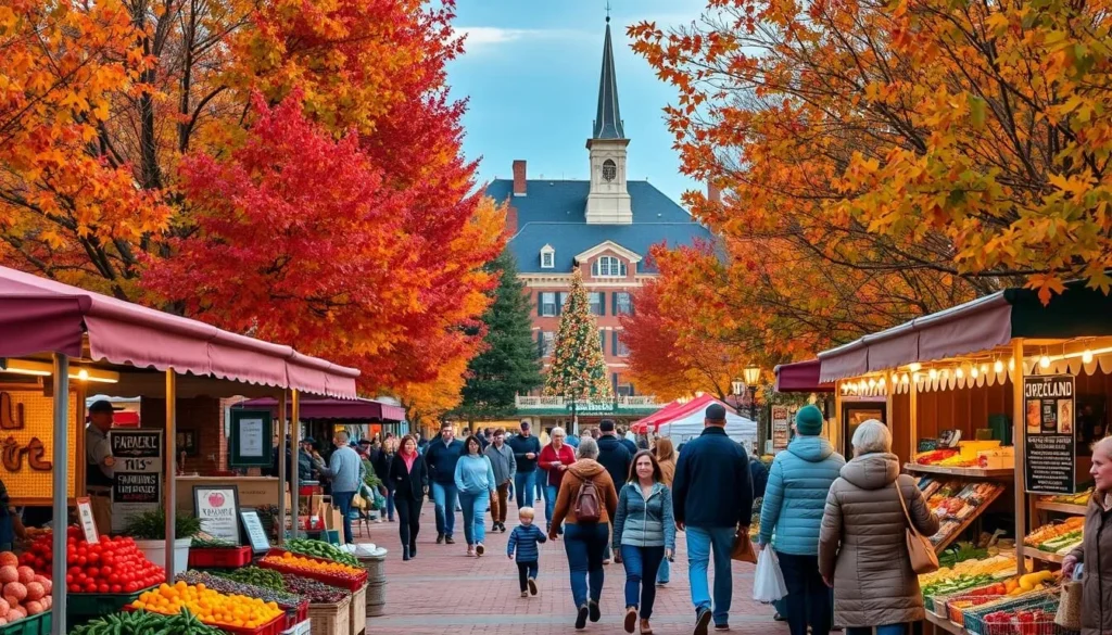 A vibrant fall day in Loveland, Ohio. In the foreground, a bustling farmer's market with stalls overflowing with seasonal produce and crafts. In the middle ground, families stroll along a tree-lined street, admiring the vibrant foliage. In the background, a historic town square adorned with twinkling lights and a towering Christmas tree, hinting at the upcoming holiday festivities. Soft, warm lighting illuminates the scene, creating a cozy, inviting atmosphere. A charming, quintessential Midwestern town, capturing the essence of Loveland's beloved seasonal events and festivals.