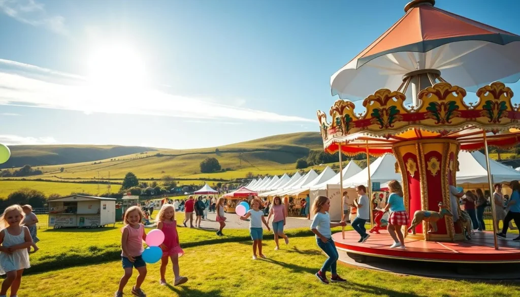A vibrant, family-friendly festival scene set in the picturesque Irish countryside. In the foreground, joyful children play with colorful balloons and ride on a classic merry-go-round, their laughter filling the air. The middle ground features an array of food stalls and craft vendors, their tents and awnings creating a festive atmosphere. In the background, rolling green hills and a clear blue sky frame the scene, with the sun casting a warm, golden glow over the entire landscape. The overall mood is one of celebration, community, and the simple pleasures of outdoor festivities. Crisp, realistic details and a natural, well-balanced composition capture the essence of a family-friendly Irish festival.