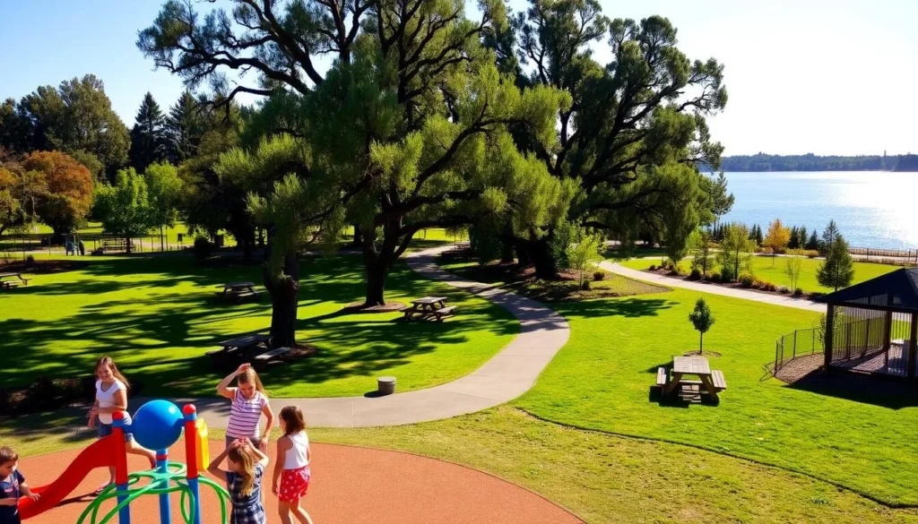 A vibrant, family-friendly park in Redmond, Oregon, on a sunny day. In the foreground, children play on a colorful playground, their laughter filling the air. The middle ground features lush green lawns dotted with picnic tables and shaded by towering oak trees. In the background, a winding path leads towards a shimmering lake, its calm waters reflecting the clear blue sky. The scene is bathed in warm, golden light, creating a welcoming and tranquil atmosphere for all to enjoy.