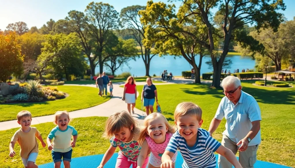 A vibrant family-friendly scene in a lush, verdant park. In the foreground, children joyfully play on a colorful playground, their laughter echoing through the air. In the middle ground, parents and grandparents stroll along meandering paths, admiring the diverse flora and fauna. In the background, a tranquil lake reflects the azure sky, framed by towering trees. Warm, golden sunlight bathes the entire scene, creating a welcoming and inviting atmosphere. The image captures the park's ideal blend of natural beauty and engaging activities, perfectly suited for a day of family fun and exploration.