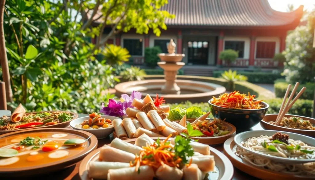 A vibrant feast of Vietnamese cuisine set against the backdrop of a sun-dappled outdoor setting. In the foreground, a colorful array of traditional dishes, including fragrant pho, fresh spring rolls, and flavorful bún chả, arranged artfully on wooden platters. The middle ground features a lush, verdant garden with leafy plants and a tranquil water feature, while the background showcases the architectural elegance of a traditional Vietnamese building, with its ornate facade and tiled roof. The lighting is soft and warm, casting a gentle glow over the scene, capturing the inviting and serene atmosphere of Vietnamese culinary culture.