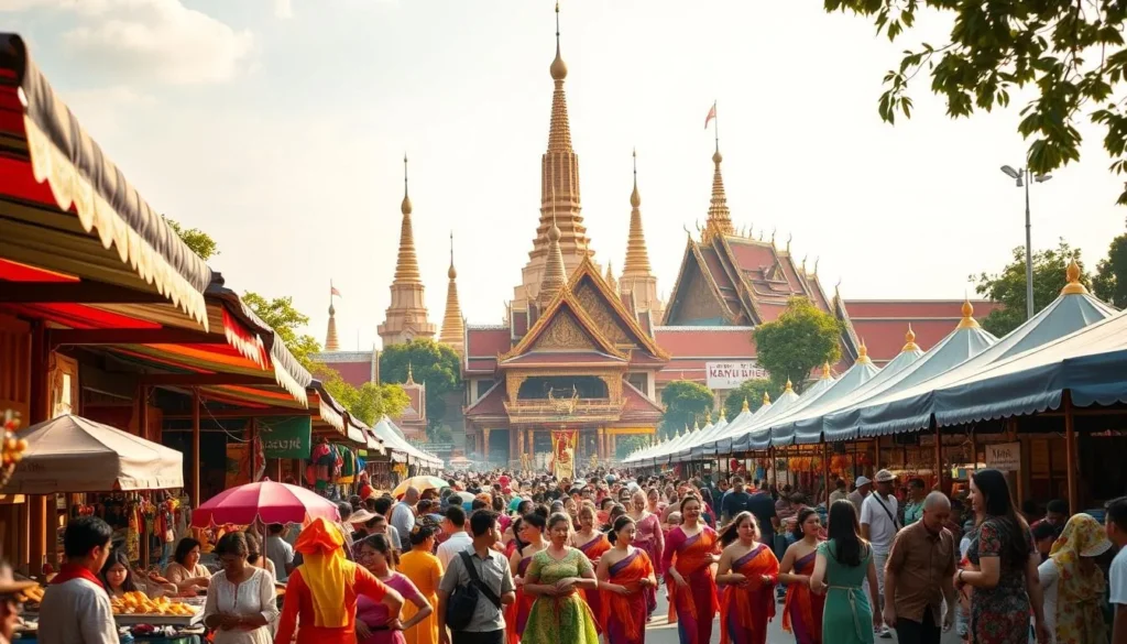 A vibrant festival in the heart of Cambodia, with colorful tents and stalls lining the bustling streets of Phnom Penh. In the foreground, vendors sell traditional handicrafts and delicious street food, while the middle ground is filled with people in traditional Khmer costumes dancing to the rhythmic beat of drums and gongs. In the background, ornate temples and pagodas stand tall, their golden spires glinting in the warm, afternoon sunlight. The atmosphere is lively and festive, with a sense of community and cultural celebration permeating the scene. Capture the essence of Cambodian festival culture with a vibrant, immersive image.