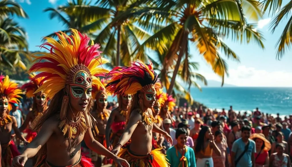 A vibrant festival in the heart of Palau, where colorful masks dance and sway amidst a lively crowd. In the foreground, a group of masked performers weaves intricate patterns, their feathered headdresses and ornate costumes reflecting the warm, tropical sunlight. In the middle ground, a sea of onlookers, their faces lit with wonder, capture the energy of the celebration. The background showcases the rich, verdant landscape of Palau, framing the scene with towering palm trees and the distant ocean shimmer. The atmosphere is one of cultural immersion, where ancient traditions and modern joy coexist in a vibrant tapestry of sound, color, and movement.