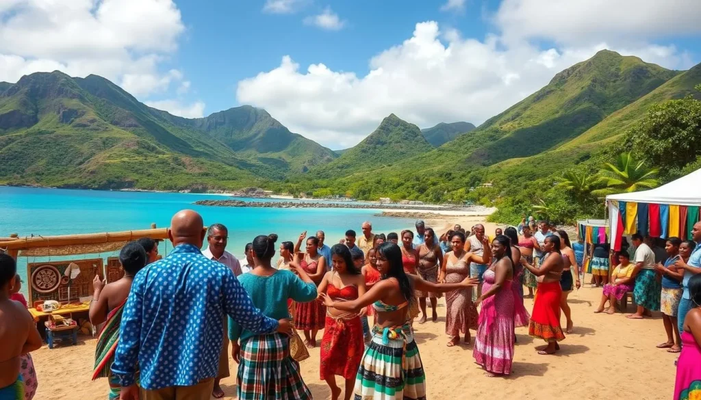 A vibrant festival on the picturesque shores of Pitcairn Island. In the foreground, locals in traditional island attire dance to the rhythm of lively music, their colorful garments swaying in the gentle ocean breeze. The middle ground showcases stalls adorned with handcrafted wares, from intricate woodcarvings to vibrant textiles. In the background, the lush, verdant landscape of the island's interior creates a serene and inviting backdrop, with the crystal-clear turquoise waters of the Pacific Ocean glistening in the warm, golden sunlight. The scene exudes a joyful, celebratory atmosphere, capturing the unique cultural heritage and natural beauty of this remote and enchanting island destination.