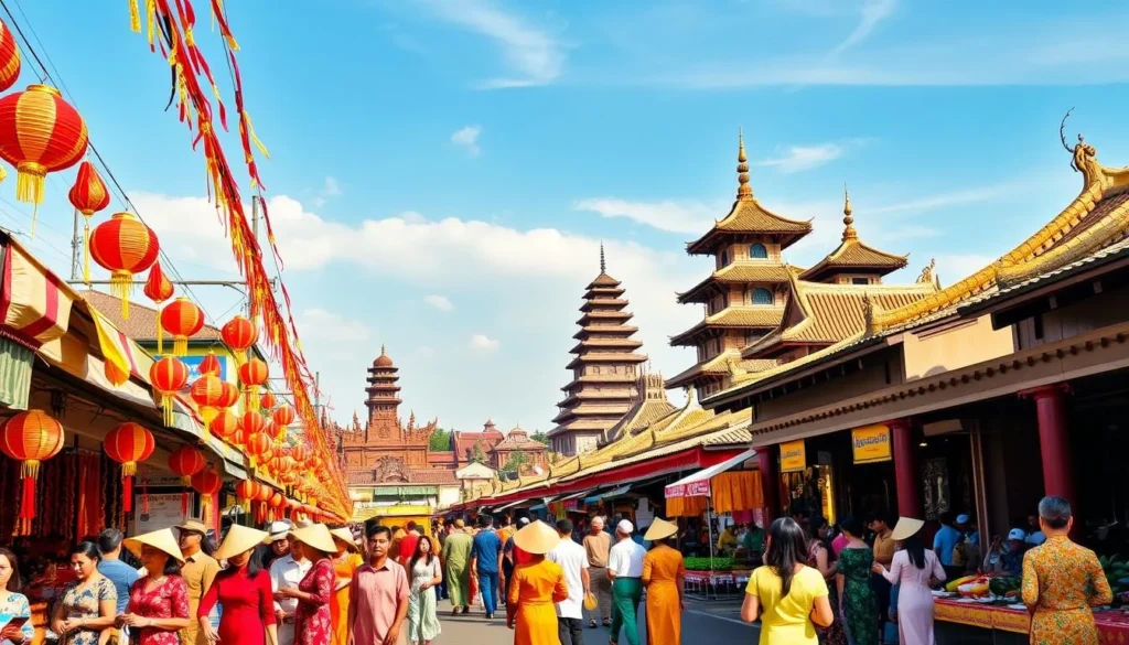 A vibrant festival scene in Bien Hoa, Vietnam, on a sunny day. In the foreground, colorful lanterns and streamers decorate the streets, as locals in traditional ao dai dresses and conical hats gather to participate in lively cultural performances. In the middle ground, a bustling marketplace showcases an array of local handicrafts, fresh produce, and street food stalls, creating a lively atmosphere. In the background, ancient temple structures and pagodas rise against a cloudless sky, infusing the scene with a sense of timeless tradition. The warm, golden lighting casts a serene glow over the festivities, capturing the joyous spirit of this vibrant cultural celebration.