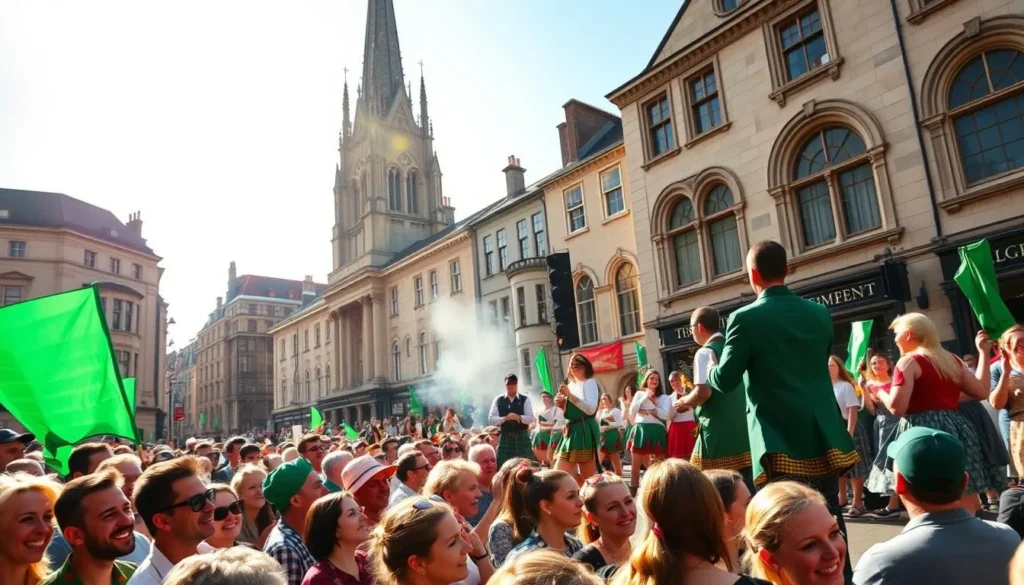A vibrant festival scene in Dublin, Ireland on a sunny day. In the foreground, a lively crowd gathers, their colorful attire and joyful expressions capturing the festive atmosphere. In the middle ground, traditional Irish music and dance performances take center stage, with musicians and dancers in traditional costumes moving to the rhythm. In the background, the iconic architecture of Dublin's historic buildings, including the stunning St. Patrick's Cathedral, provide a picturesque backdrop. Warm, golden sunlight filters through, casting a warm glow over the entire scene and highlighting the energy and excitement of the Dublin festival experience.