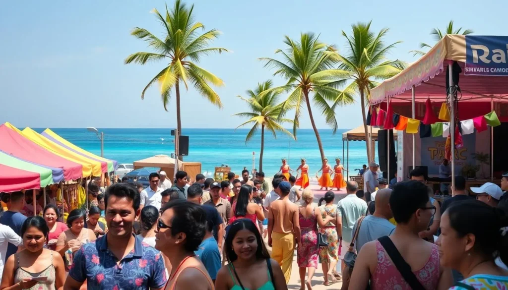 A vibrant festival scene in Sihanoukville, Cambodia on a sunny day. Colorful tents and stalls line the beachfront promenade, offering local cuisine, handcrafted souvenirs, and lively music. In the foreground, a crowd of people mingle and browse the diverse offerings, their smiling faces captured in a candid, documentary-style shot. The middle ground features traditional Khmer dancers in vibrant costumes performing on a stage, drawing the attention of the gathered audience. In the background, the stunning azure waters of the Gulf of Thailand stretch out, with palm trees swaying gently in the warm breeze, creating a picturesque tropical ambiance. The lighting is natural and warm, conveying a sense of festive energy and cultural celebration.