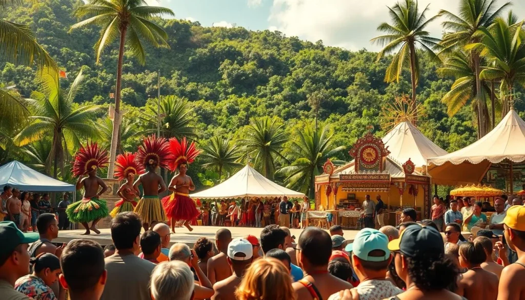 A vibrant festival scene in the Solomon Islands, with traditional dancers adorned in colorful costumes and intricate headdresses performing on a lush, tropical stage. In the foreground, a crowd of locals and visitors watch with awe, captured by the energy and cultural celebration. The middle ground features elaborately decorated structures and tents, suggesting a bustling marketplace or food stalls. In the background, lush, verdant foliage and a clear, azure sky create a picturesque, idyllic setting. The warm, golden sunlight filters through the scene, bathing the festivities in a warm, celebratory glow. The overall mood is one of joyous cultural immersion, inviting the viewer to experience the vibrant heart of the Solomon Islands.