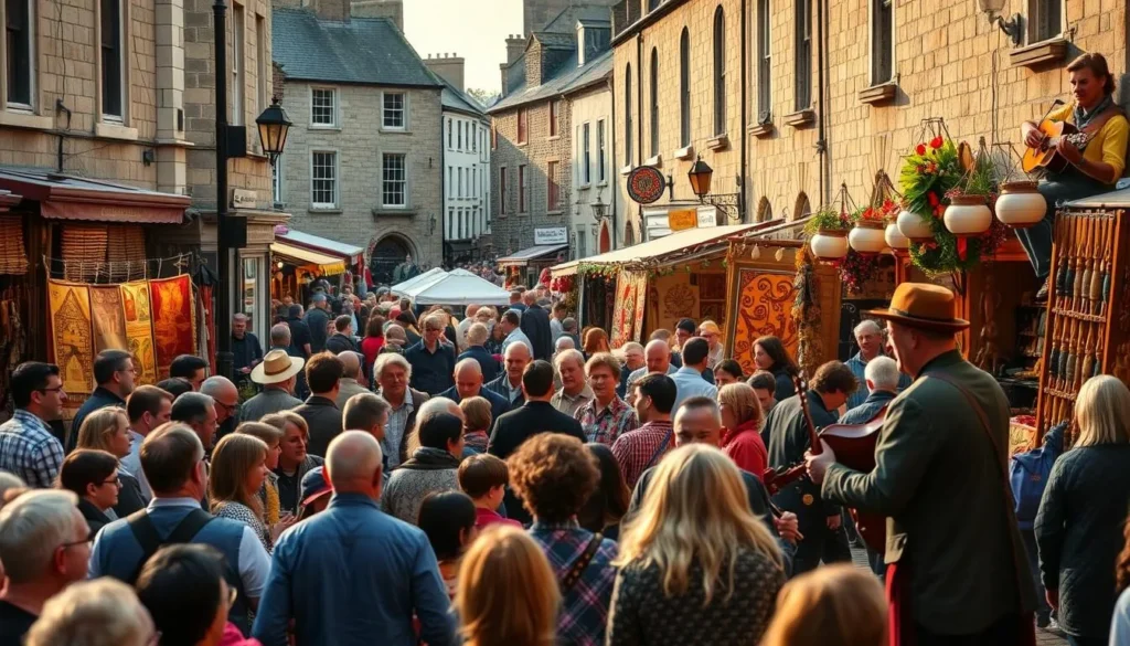 A vibrant festival scene in the heart of Ulster, Ireland, capturing the region's rich cultural heritage. In the foreground, a lively crowd gathers around traditional musicians, their instruments filling the air with the spirited melodies of Celtic folk music. In the middle ground, artisans showcase their handcrafted wares, from intricate tapestries to wooden carvings, as spectators browse the colorful stalls. The background features the iconic architecture of the region, with ancient stone buildings and cobblestone streets framing the festive atmosphere. Warm, golden lighting casts a soft glow over the entire scene, creating a sense of warmth and conviviality. The image conveys the unique cultural experiences that make Ulster's festivals truly captivating.