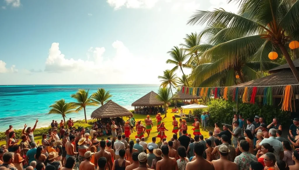 A vibrant festival scene on the lush, verdant shores of Niue Island. In the foreground, a lively crowd gathers around a stage, dancers adorned in colorful traditional costumes perform an energetic display. Thatched-roof huts and palm trees dot the middle ground, creating a tropical, island atmosphere. In the background, the crystal-clear azure waters of the Pacific Ocean glisten under the warm, golden sunlight. The scene is infused with a celebratory, joyful mood, capturing the essence of Niue's vibrant festival culture. Shoot with a wide-angle lens to encompass the dynamic scene, with soft, natural lighting to highlight the vibrant colors and textures.