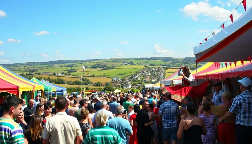 A vibrant festival scene showcasing the seasonal charms of Munster, Ireland. In the foreground, a lively crowd gathers amidst colorful tents and stalls, their laughter and chatter filling the air. The middle ground features traditional Irish dancers twirling gracefully, their flowing costumes swaying to the rhythmic music. In the background, a picturesque landscape unfolds, with rolling green hills, a quaint village, and a clear blue sky overhead. The lighting is warm and natural, capturing the inviting atmosphere of the festival. The overall composition conveys the joy, cultural richness, and cyclical nature of the Munster festivals throughout the year.