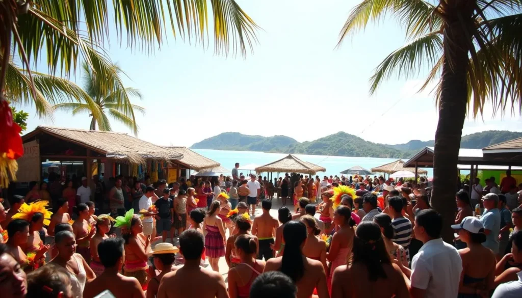 A vibrant festival scene unfolds under the warm tropical sun, capturing the essence of Palau's cultural celebration. In the foreground, a lively crowd gathers around traditional dance performances, their colorful costumes and exuberant movements creating a captivating spectacle. In the middle ground, thatched-roof vendors offer an array of local crafts, delicacies, and beverages, inviting visitors to immerse themselves in the island's unique flavors and traditions. The background reveals a stunning natural backdrop, with azure waters and lush, verdant hills framing the festivities, evoking a sense of harmony between the cultural and the environmental. Soft, diffused lighting bathes the scene, conveying a serene and joyful atmosphere, perfectly capturing the essence of a Palau festival experience.