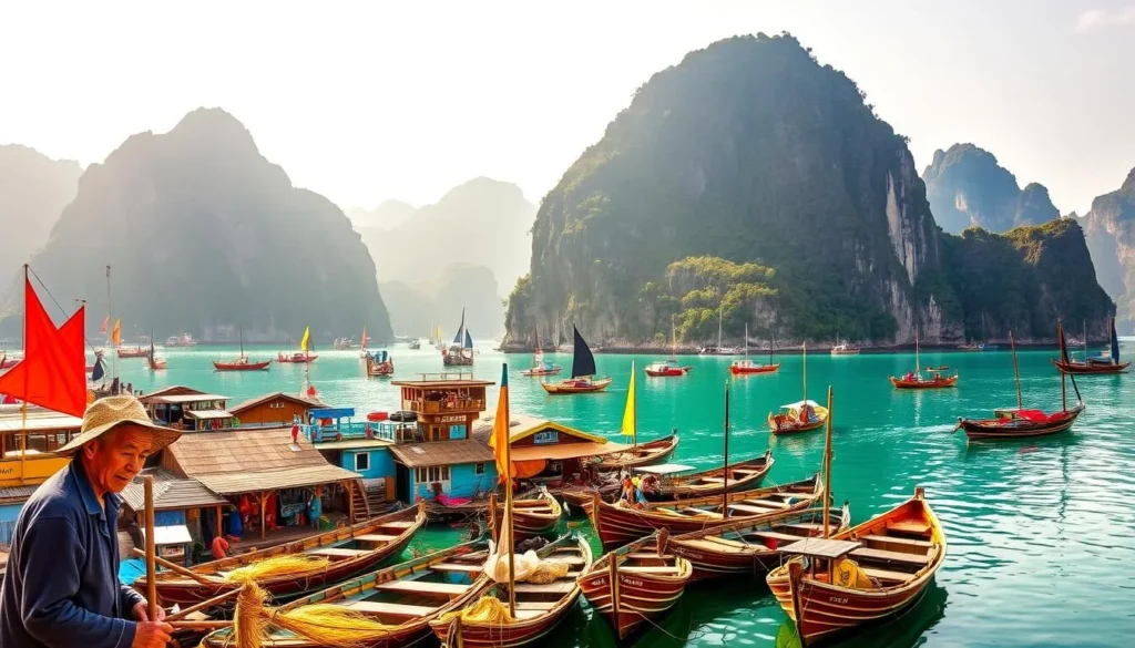 A vibrant fishing village nestled along the serene shores of Halong Bay, Vietnam. Brightly colored wooden boats dot the calm turquoise waters, their sails billowing in the gentle breeze. In the foreground, fishermen mend their nets and prepare their catch, their weathered faces etched with the stories of generations past. The middle ground showcases the quaint houses and shops, their colorful facades reflecting in the mirrored surface of the bay. Towering limestone cliffs rise majestically in the background, their jagged peaks casting dramatic shadows across the scene. Warm, golden sunlight filters through the hazy atmosphere, imbuing the entire landscape with a sense of timeless tranquility.