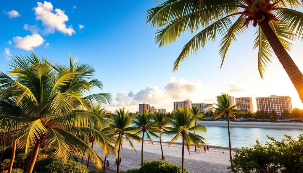 A vibrant, high-resolution calendar showcasing the ideal weather conditions in Palm Beach, Florida. The foreground features a lush, sun-drenched beach scene with palm trees swaying gently in a warm breeze. The middle ground captures a clear, azure sky with fluffy white clouds, while the background depicts the iconic Palm Beach skyline bathed in golden hour light. The overall mood is one of tranquility and invitability, perfectly encapsulating the weather-savvy traveler's dream destination. Captured with a wide-angle lens to provide a comprehensive view, this calendar image highlights the prime months for visiting this tropical paradise.