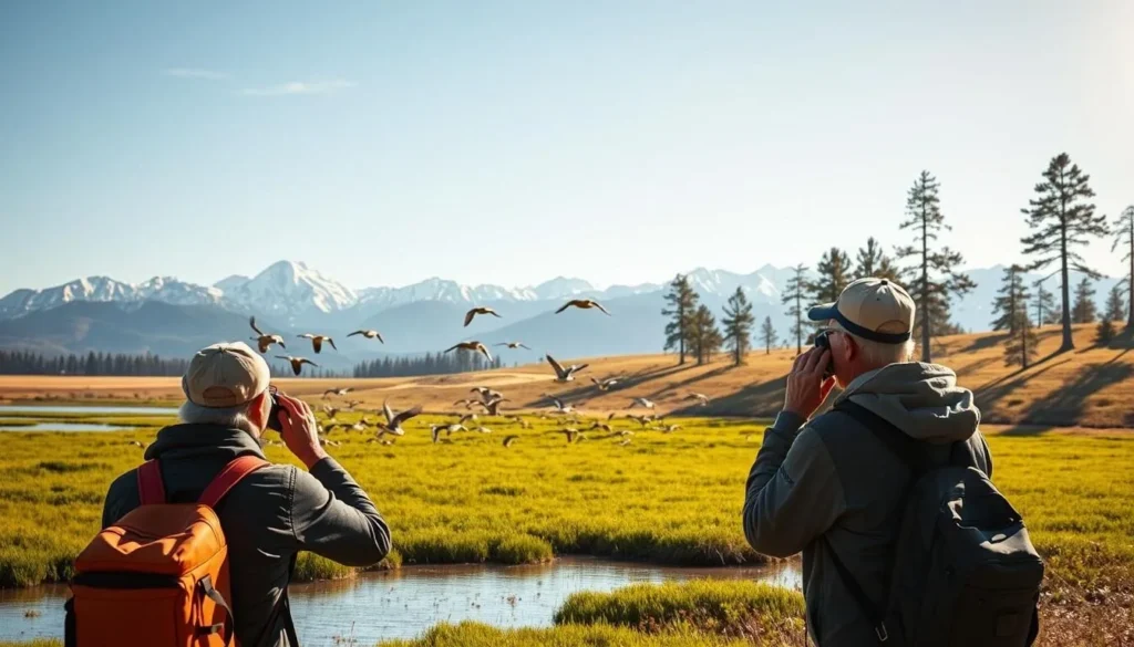 A vibrant landscape in Klamath Falls, Oregon, on a sun-dappled spring day. In the foreground, a pair of avid birdwatchers equipped with binoculars and field guides, intently observing a flock of migrating waterfowl gliding across the tranquil surface of a serene lake. The middle ground features lush, verdant wetlands and a gentle rolling hill dotted with tall pine trees, casting long shadows across the scene. In the background, the majestic snow-capped peaks of the Cascade Mountains rise majestically, creating a breathtaking backdrop. The warm, golden light bathes the entire composition, evoking a sense of peaceful serenity and the joy of experiencing the natural wonders of the Pacific Northwest.