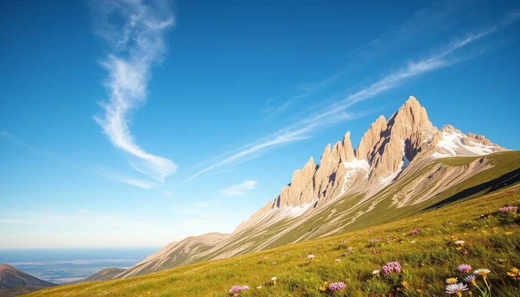 A vibrant landscape in the White Mountains, California, on a clear, sunny day. In the foreground, lush alpine meadows dotted with wildflowers sway gently in the breeze. The middle ground features rugged, snow-capped peaks reaching towards the azure sky, their jagged edges bathed in warm, golden light. In the background, a distant horizon line is framed by wispy cirrus clouds, casting soft shadows across the scene. The overall atmosphere is one of serene tranquility, inviting the viewer to immerse themselves in the natural beauty of this majestic mountain range.