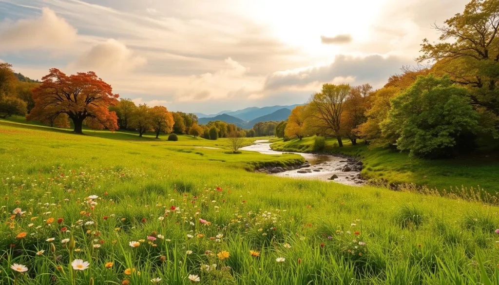 A vibrant landscape of Cheonan in South Korea, capturing the essence of the best time to visit. In the foreground, a lush green meadow dotted with colorful wildflowers sways gently in the breeze. In the middle ground, a tranquil stream meanders through the scene, its banks lined with towering oak trees in full autumn foliage. In the background, rolling hills and distant mountains rise up, bathed in warm, golden sunlight filtering through wispy clouds. The overall atmosphere is one of serene beauty, inviting the viewer to immerse themselves in the natural wonder of Cheonan during its most picturesque season.
